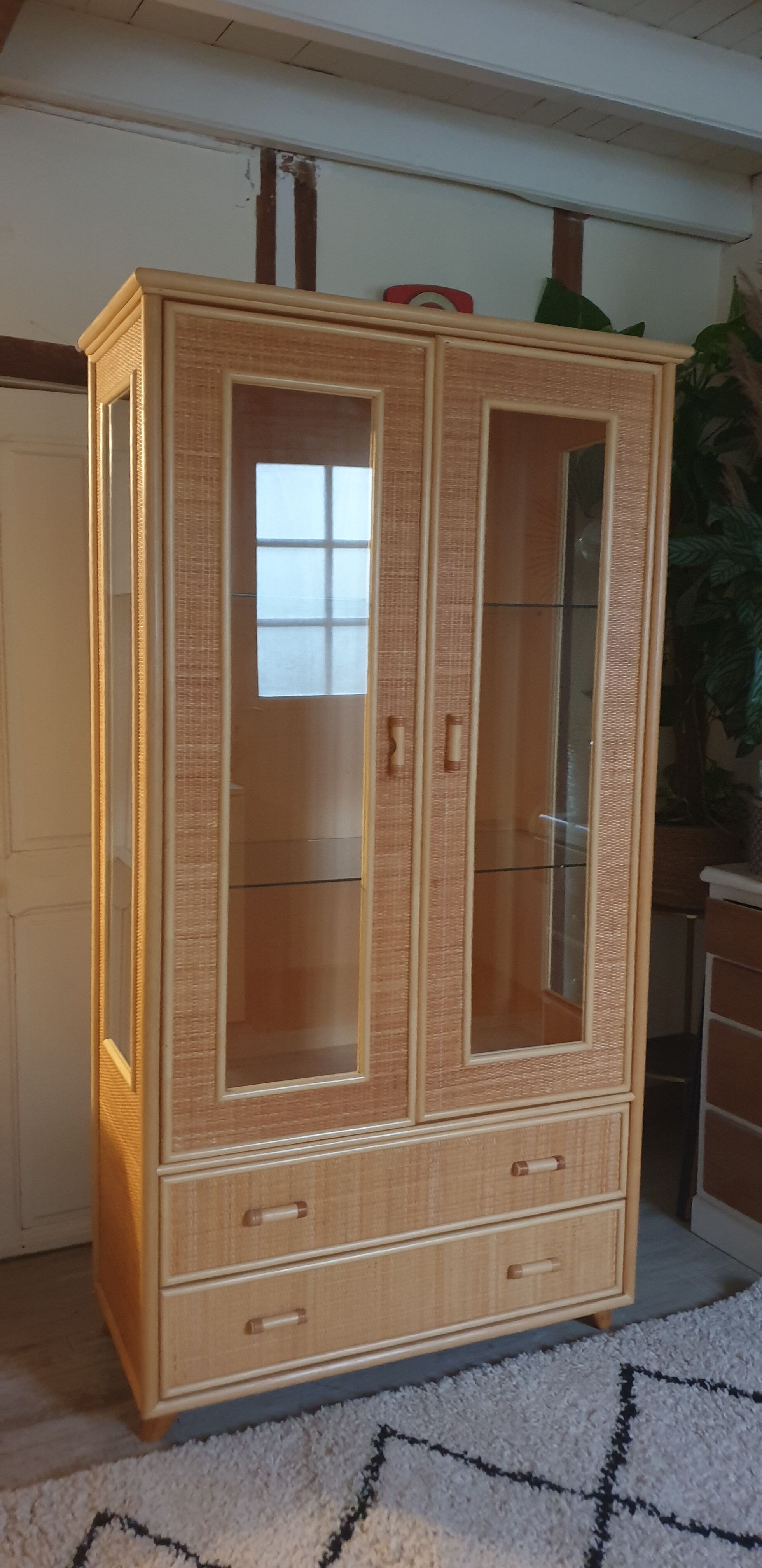 Rattan glass cabinet