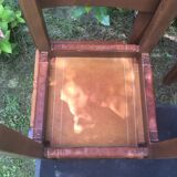 Series of 4 vintage chairs with elm base and brown leather seats in the Pierre Chapo way.