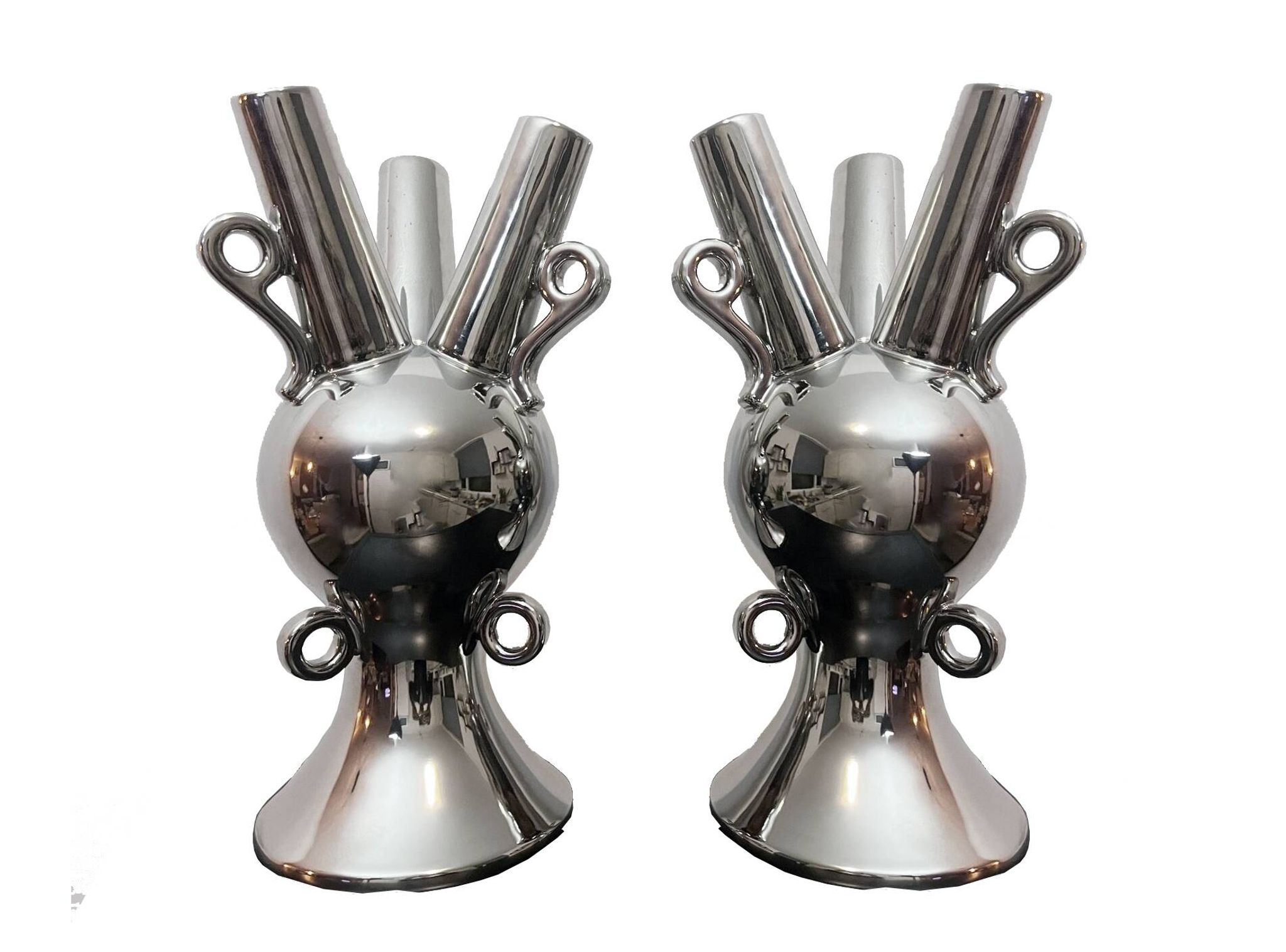 2 Grands Vases Vintage • Céramique Chromée • XXL • 1990