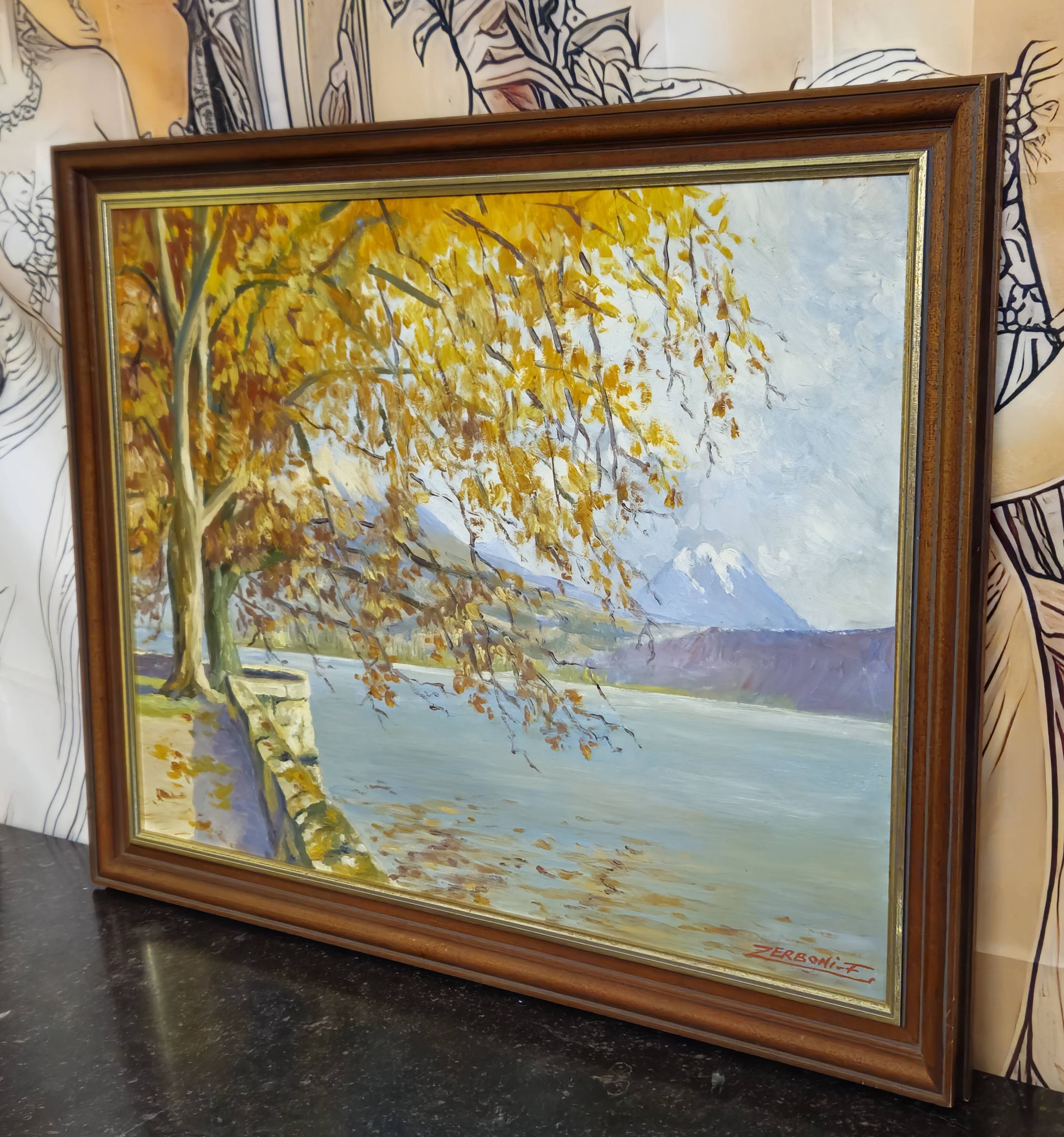 F. Zerboni – Animated Lakeside Landscape – Oil on Panel – Mid 20th Century