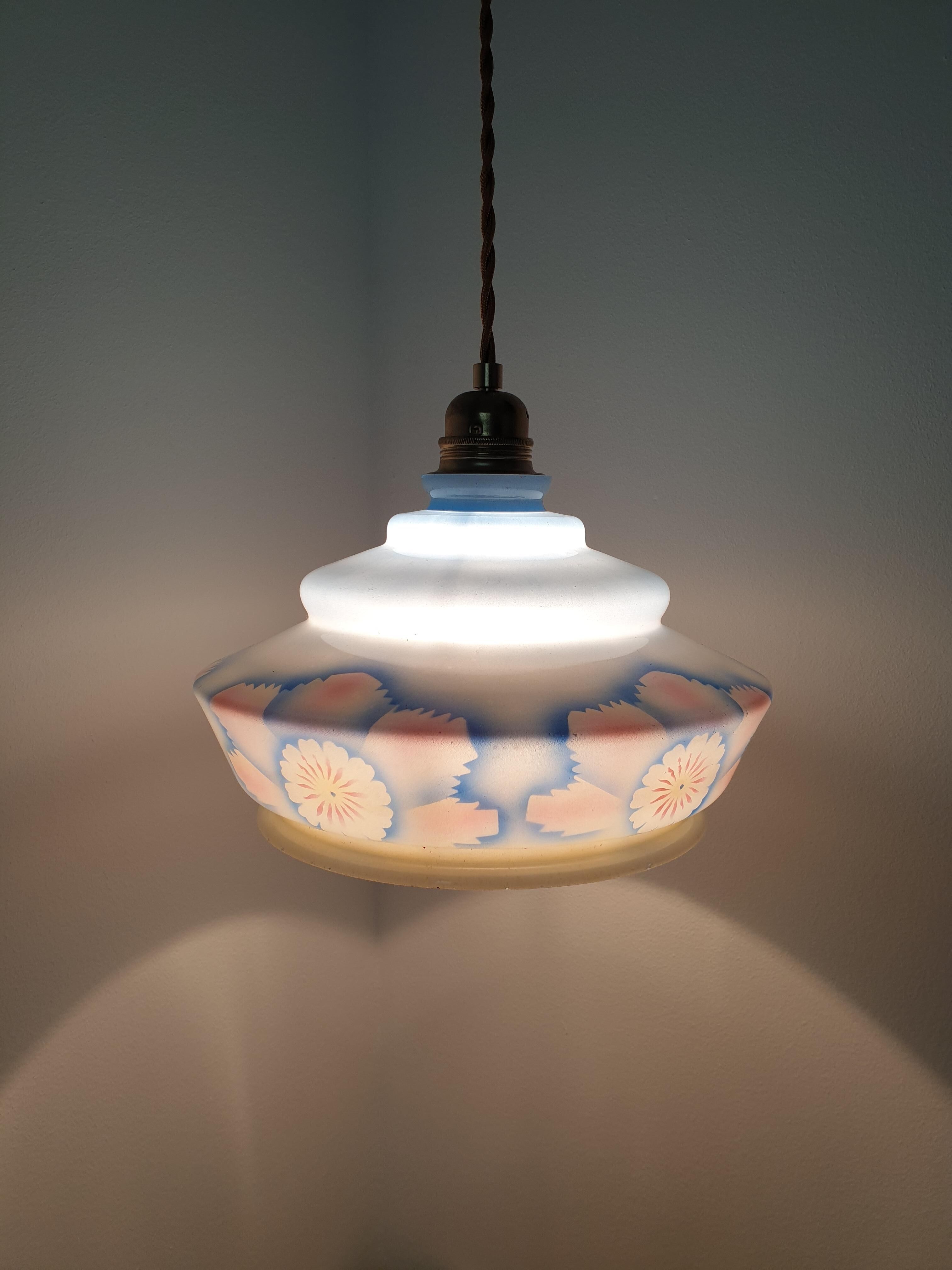 Blue opaline and pink flower pendant light