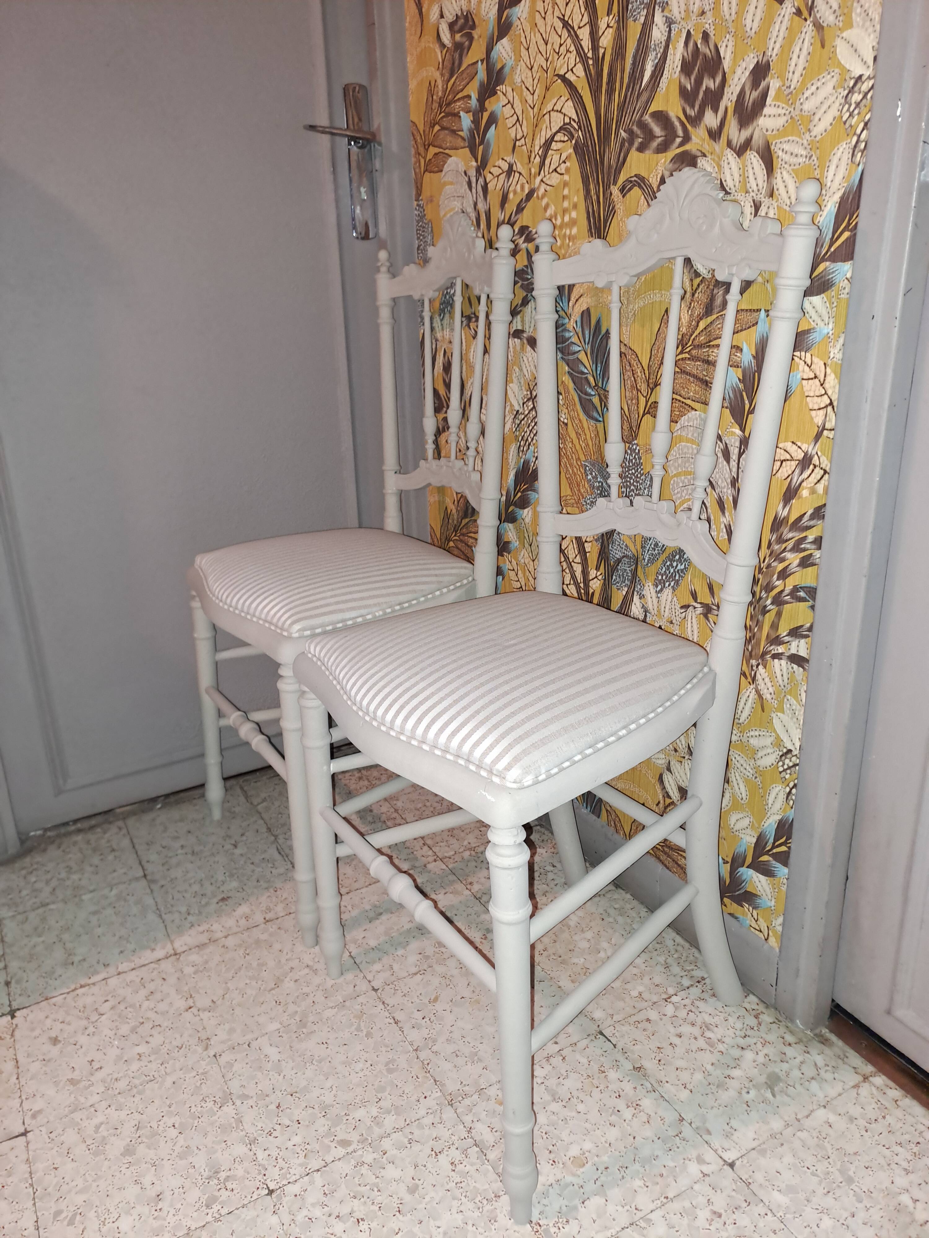 Lot of 2 empire style opera chairs redone in 19th century striped fabric, beige color