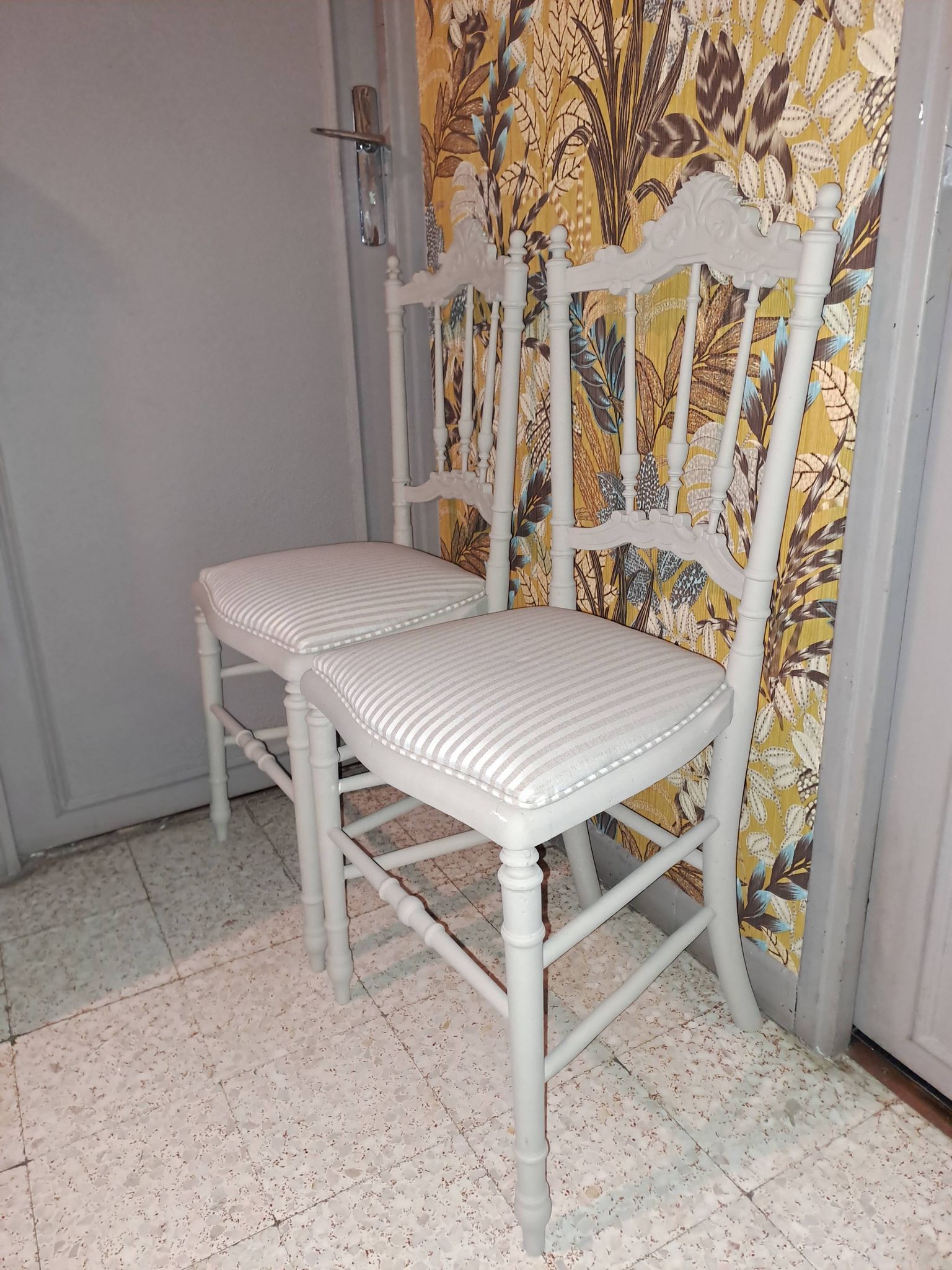 Lot of 2 empire style opera chairs redone in 19th century striped fabric, beige color