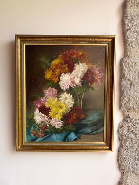 Ancient painting, dead nature with dahlias, signed, dated, late 19th century