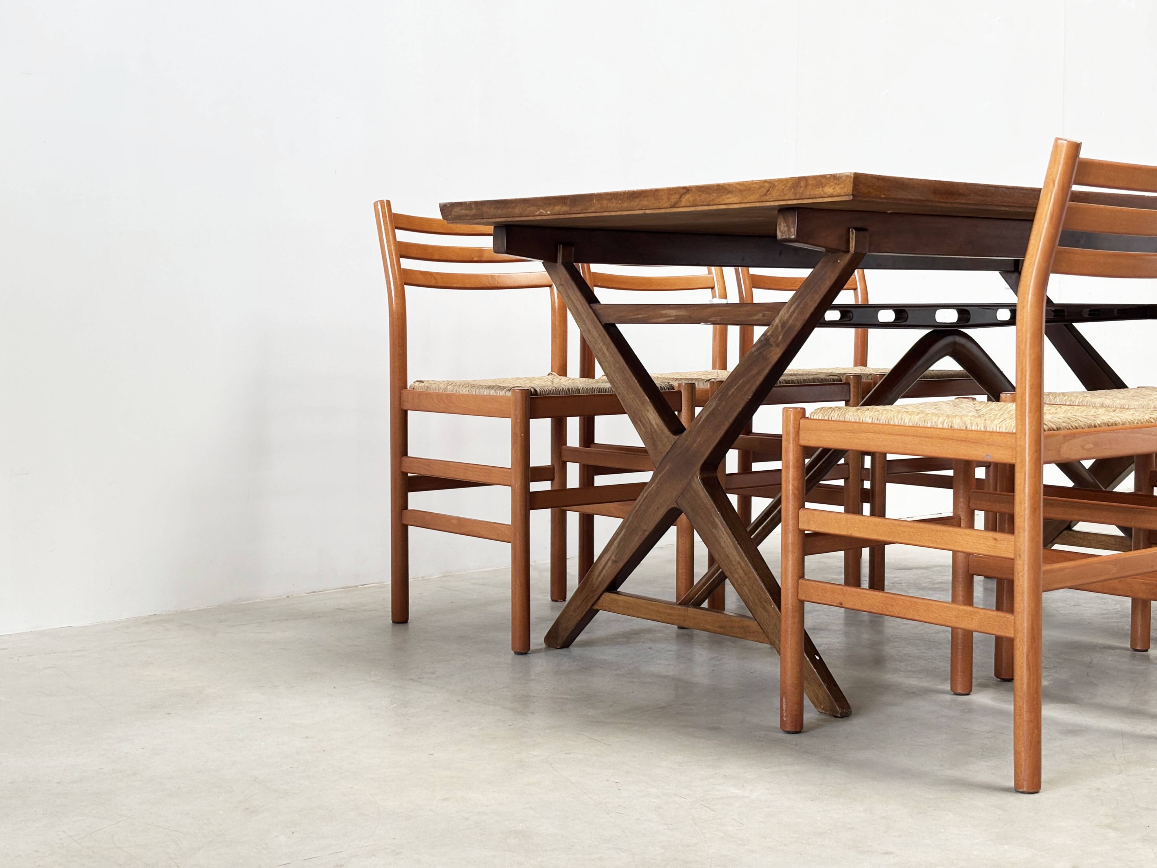 Set of six walnut and rattan dining chairs