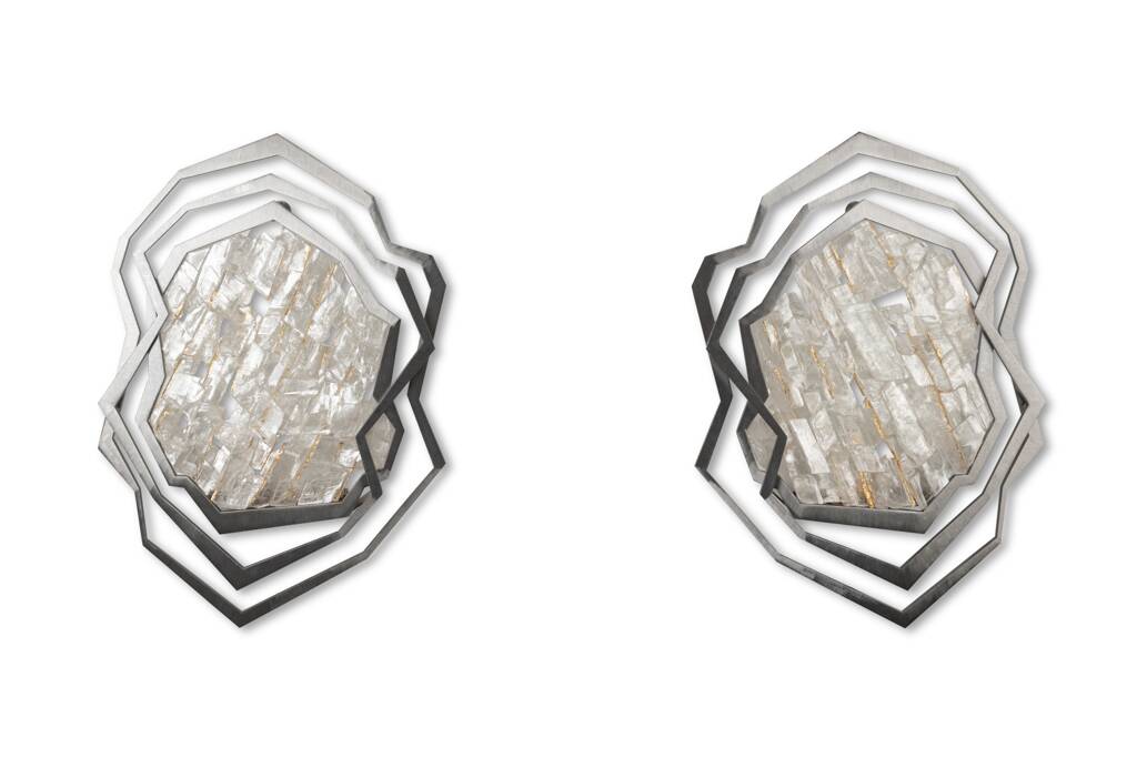 Pair of brushed metal and rock crystal wall lights. Contemporary.