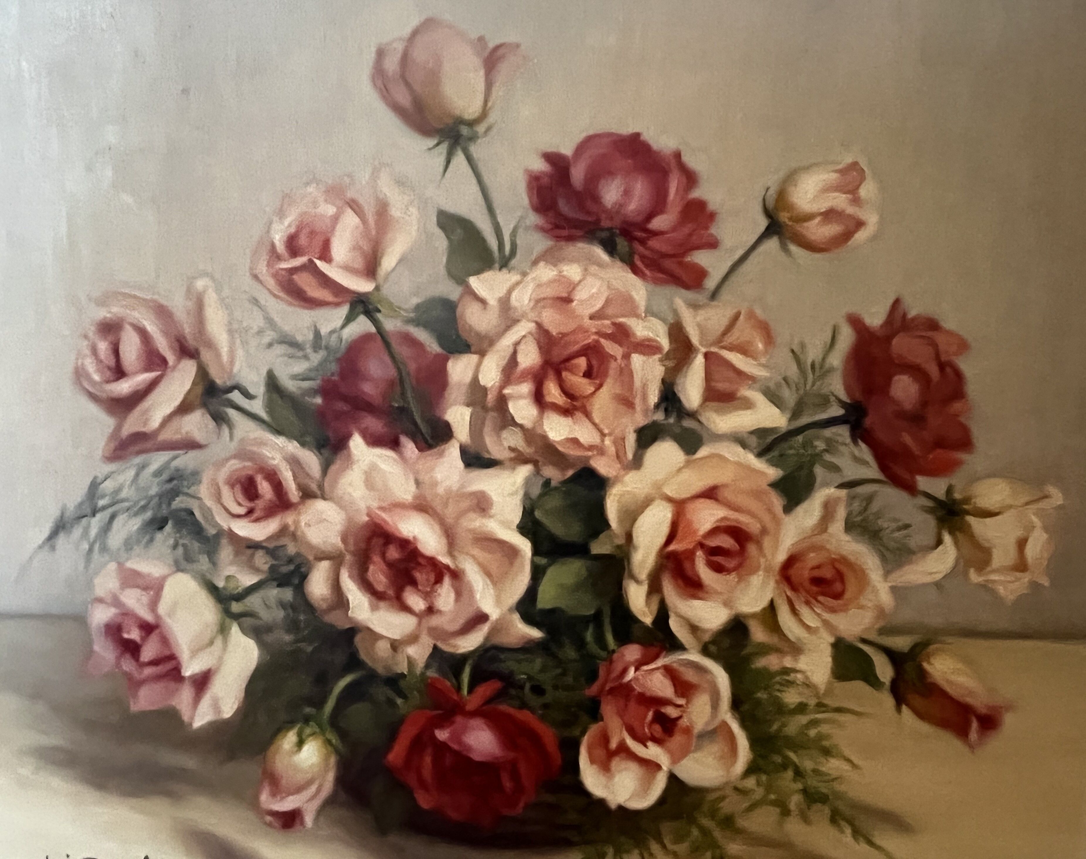 Huile sur toile - nature morte au bouquet de roses