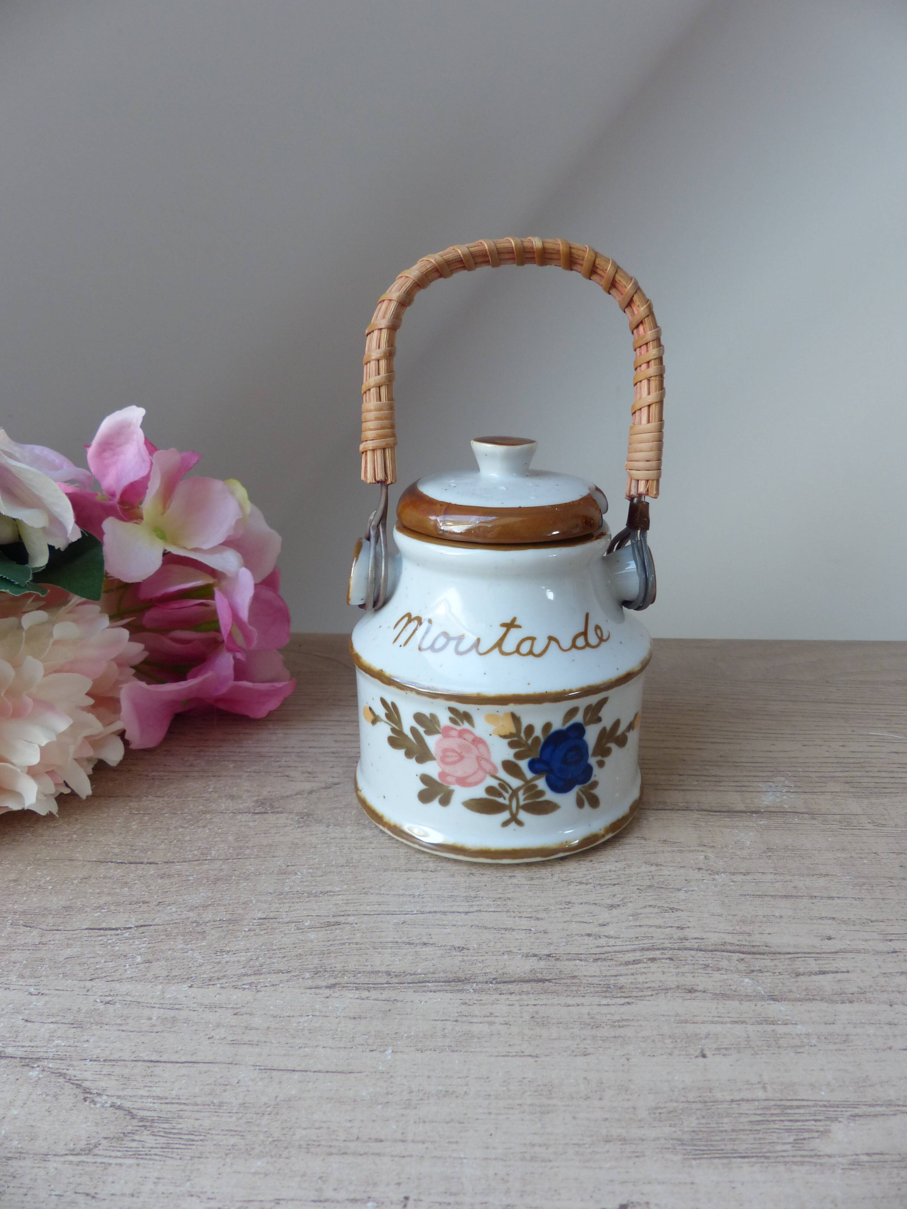 Old Great Mustard Pot with Ceramic Wicker Handle France
