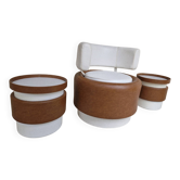 Barrel chair + 2 poufs Selac 1970s cognac and white faux leather