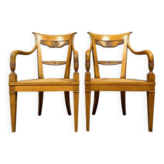 Pair of directoire style armchairs - consulate in blond walnut circa 1900