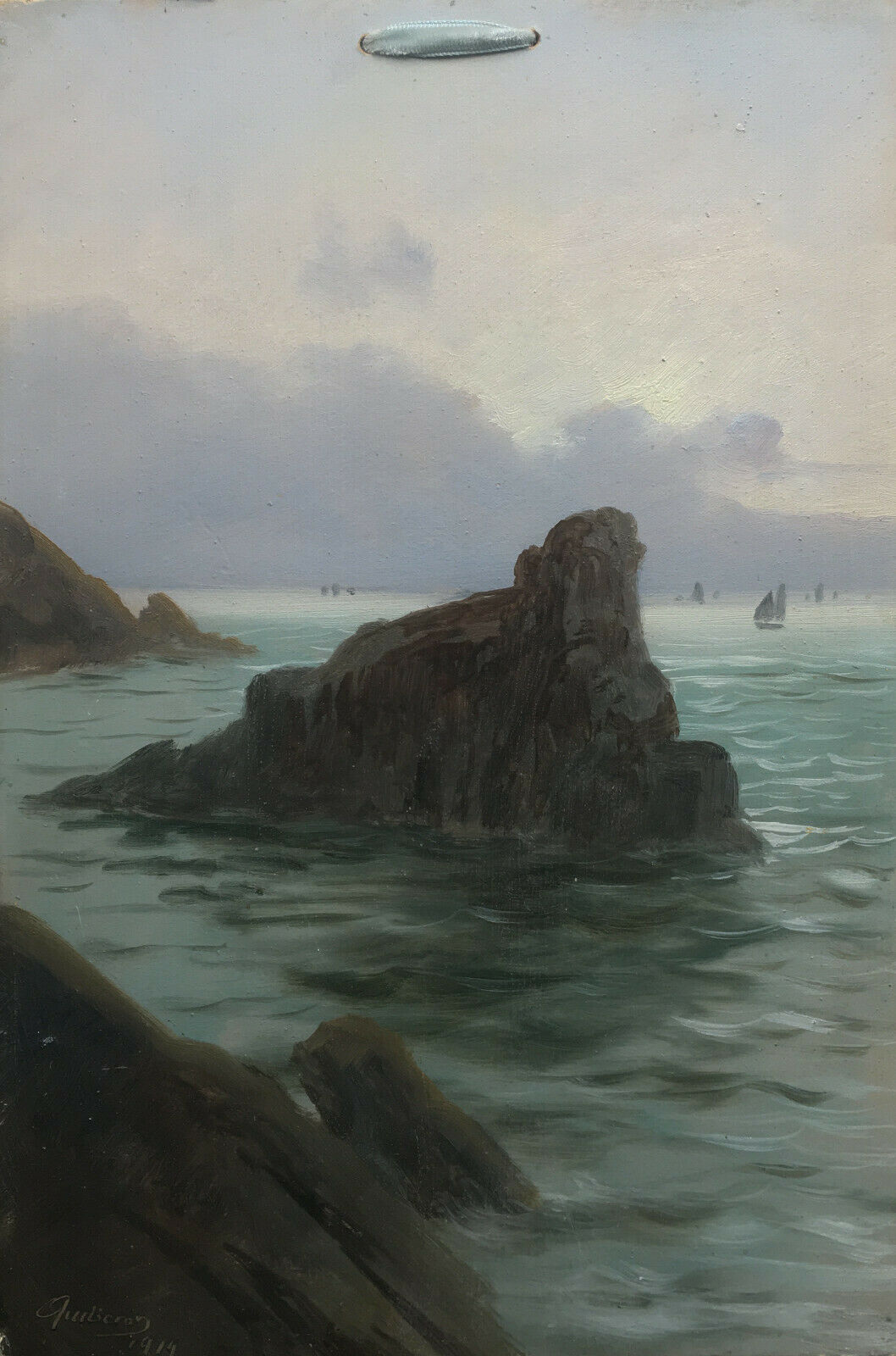 Magnificent painting HSC Marine Quiberon 1919 seaside Brittany sailboats