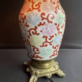 Old Asian vase mounted as a lamp with pagoda lampshade