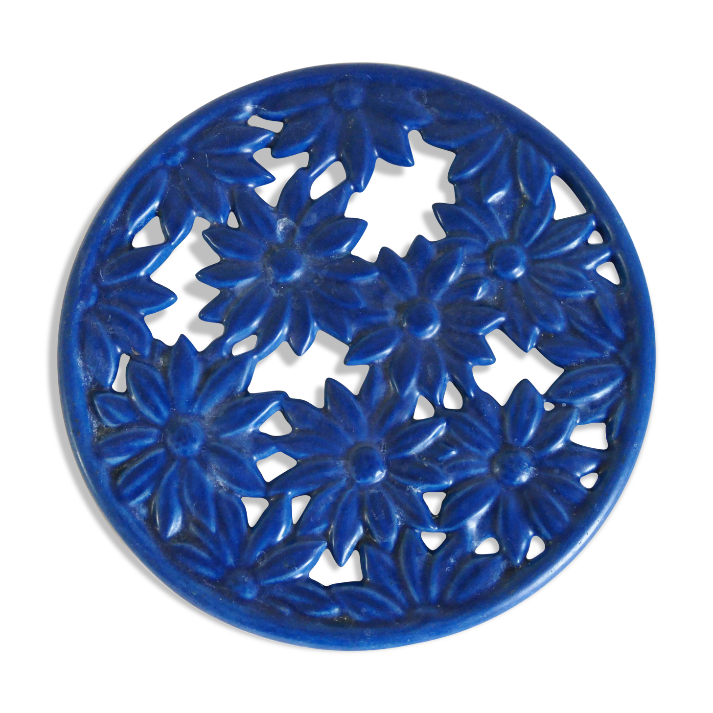 Old French blue enamelled cast iron underside