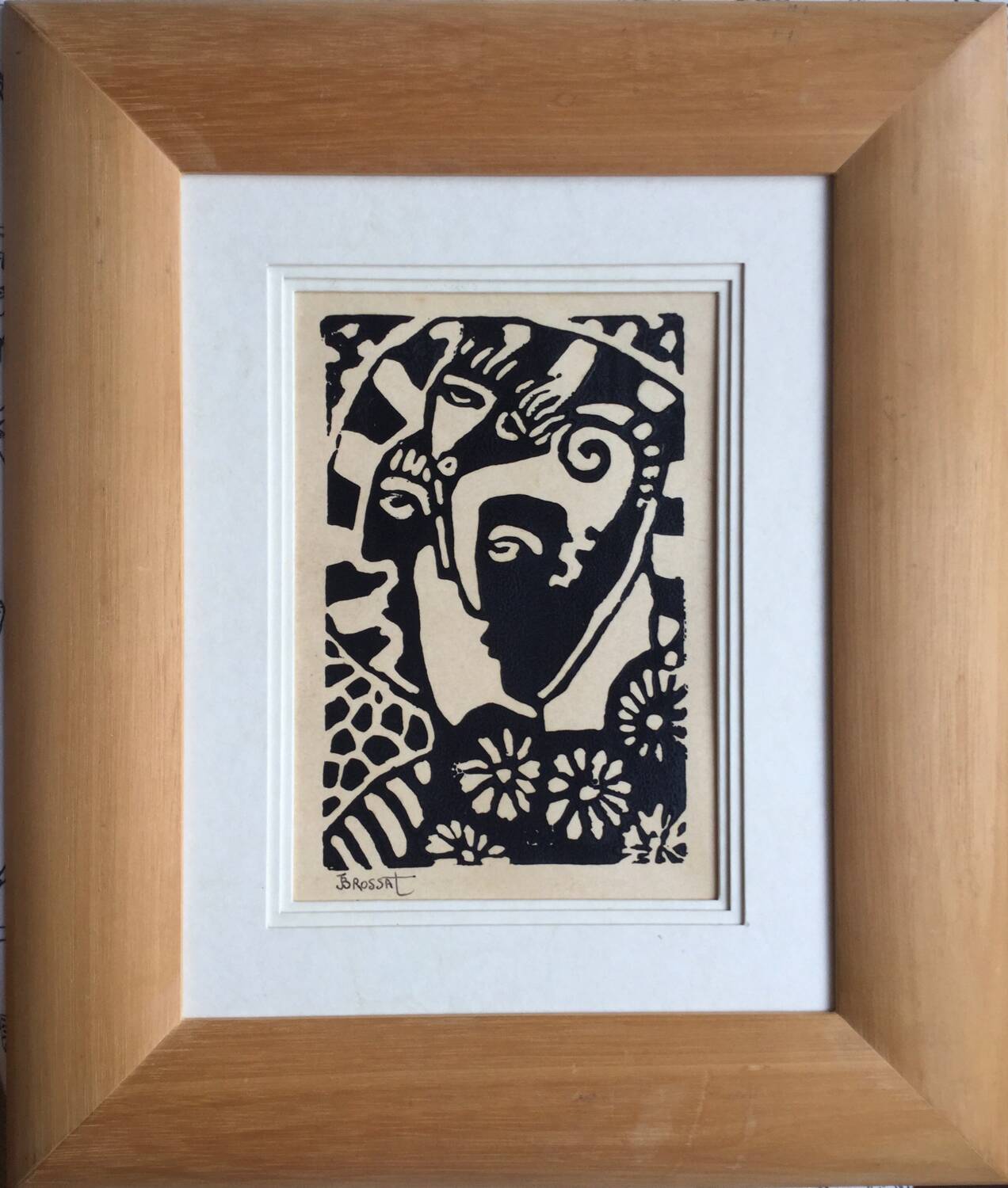 Jean-henri brossat (1946). the 3 faces. linocut.