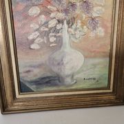 Tableau Huile sur Toile - Bouquet de fleurs Signé G Lustig 1985
