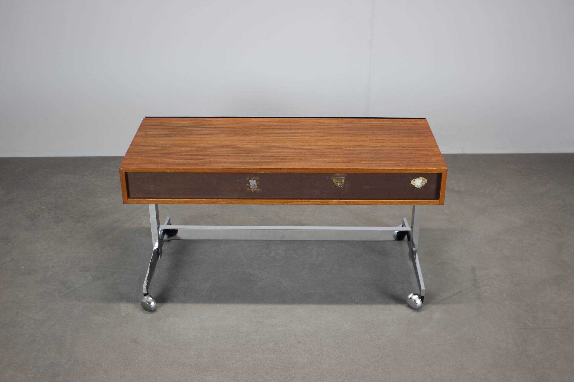 Restored Danish teak rolling media console, 1970s.