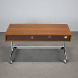 Restored Danish teak rolling media console, 1970s.
