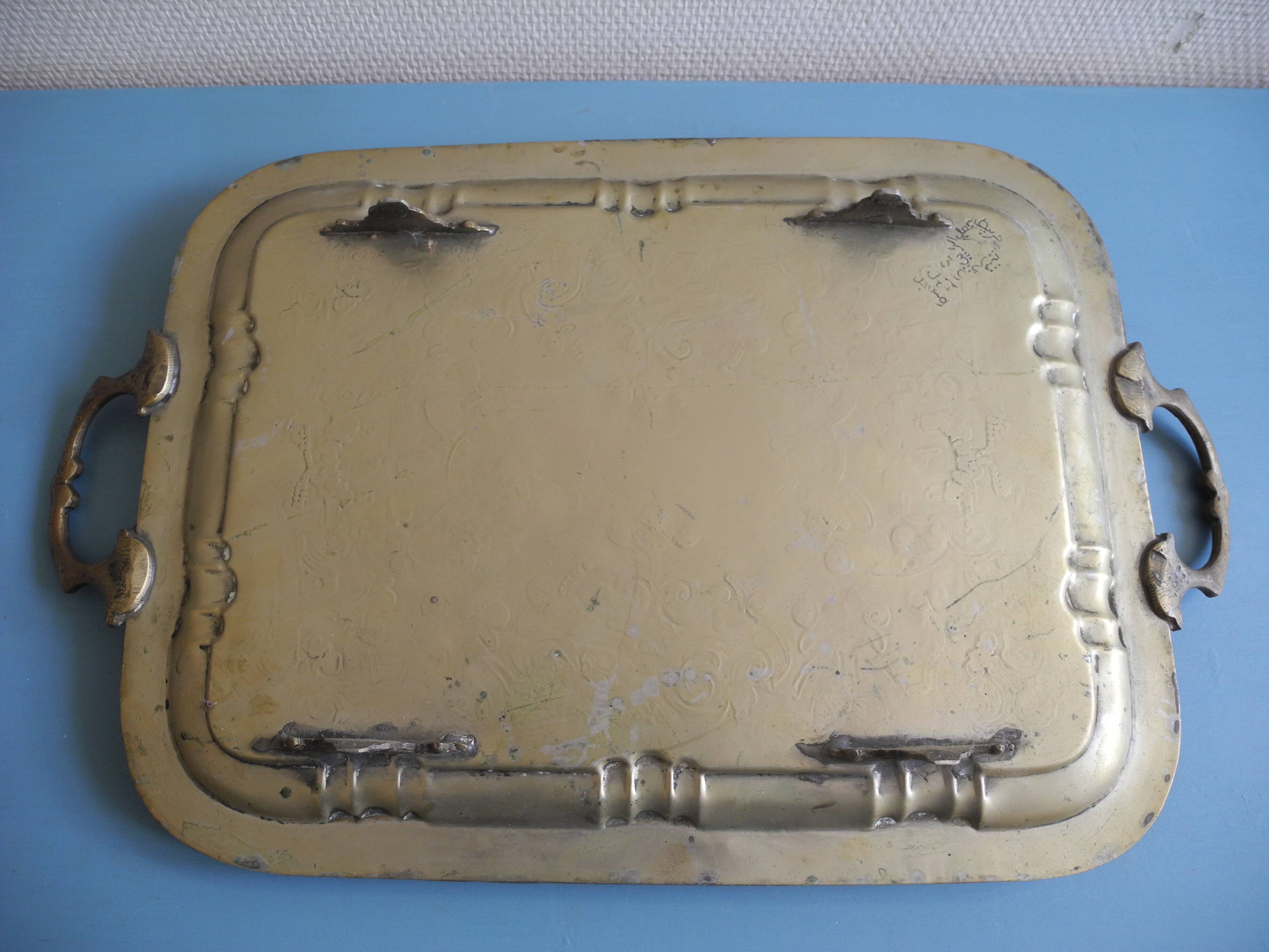 Ancien plateau thé métal argenté doré gilded silver-plated metal tea tray