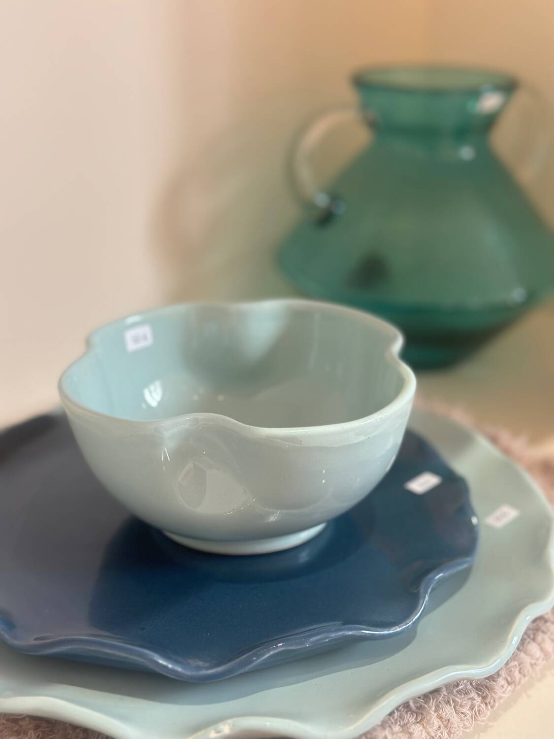 Handmade glazed ceramic bowl with sky blue pop clover flower