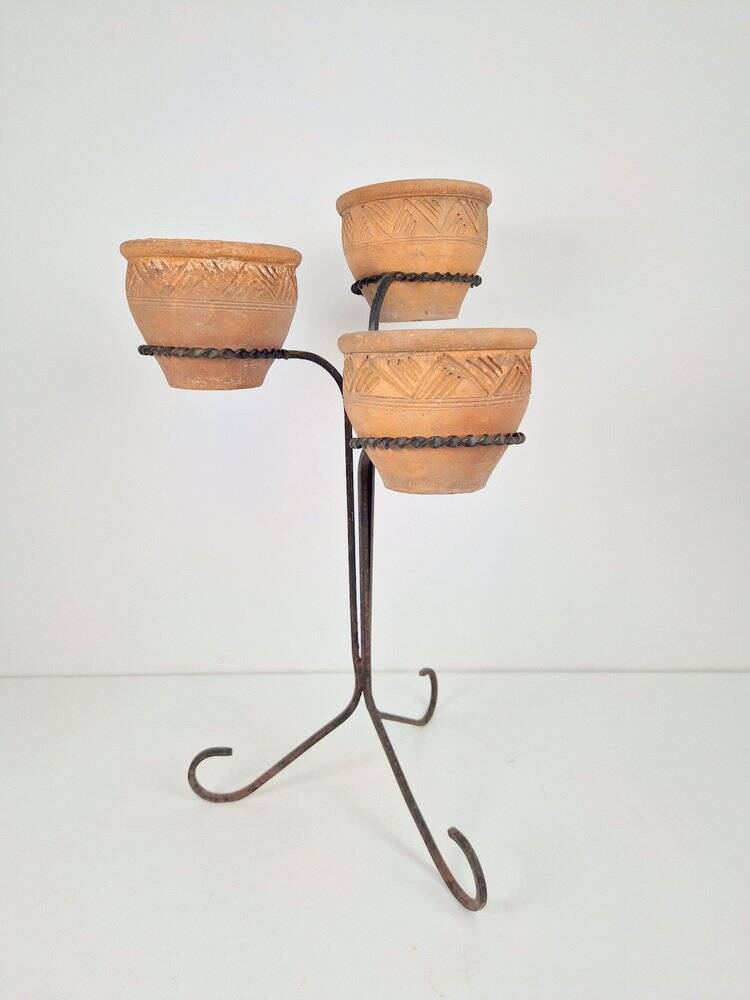 Brutalist Wrought Iron Plant Stand with Handmade Terracotta Pots, 1970s, Set of 4