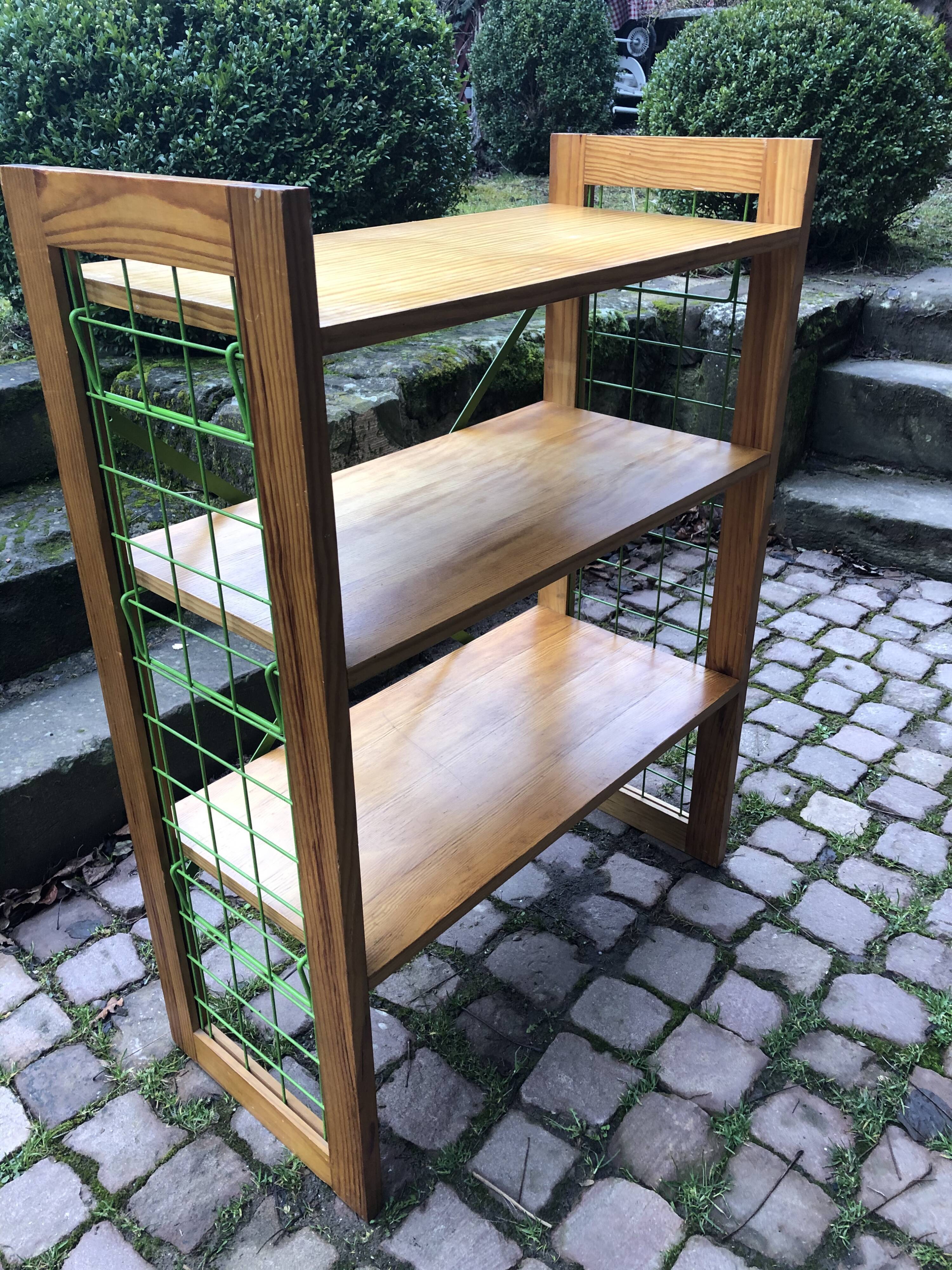 Vintage metal and pine bookcase shelf Prisunic circa 1960