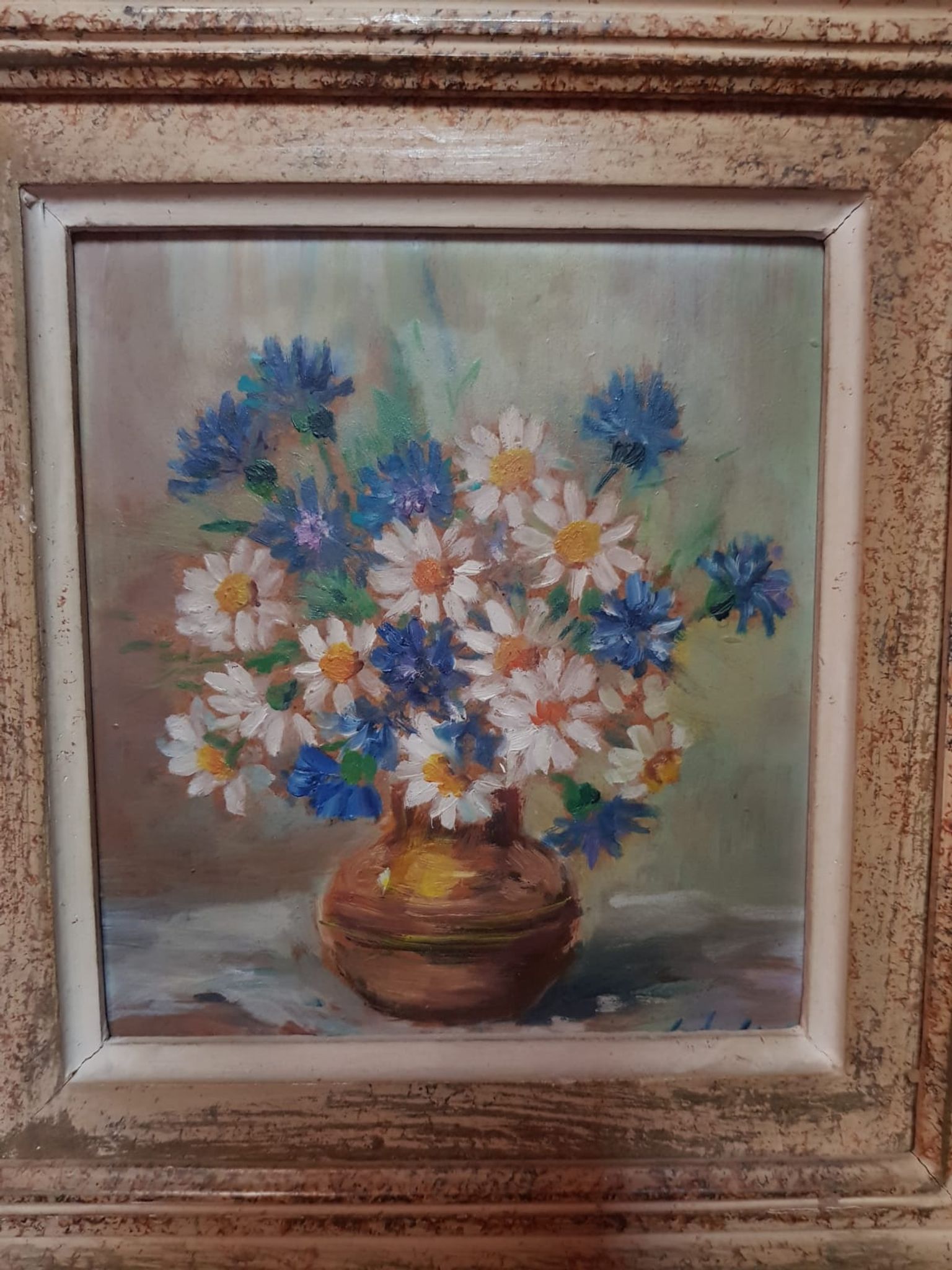Pair old table c. de fred flower bouquet oil on vintage panel