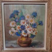 Pair old table c. de fred flower bouquet oil on vintage panel