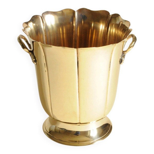 Seau à Champagne Laiton — Corps Cannelé Bord Festonné, Style Mid-Century