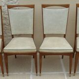 6 Vintage chairs in white beige imitation leather and solid wood with brass legs