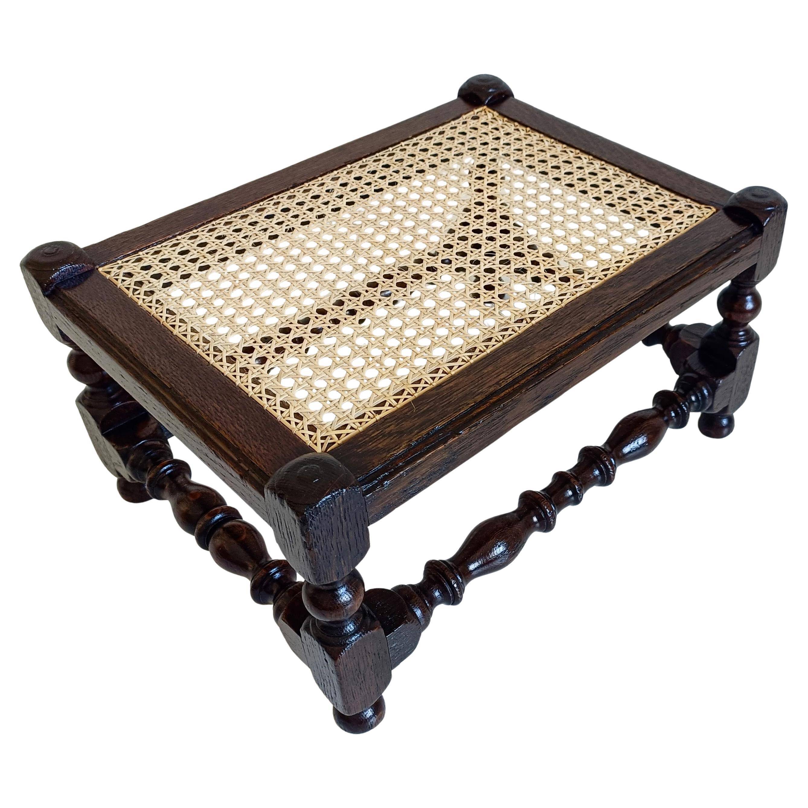 Antique Belle Epoque Oak Wood and Cane Footstool/ Occasional Table, late 19th-C
