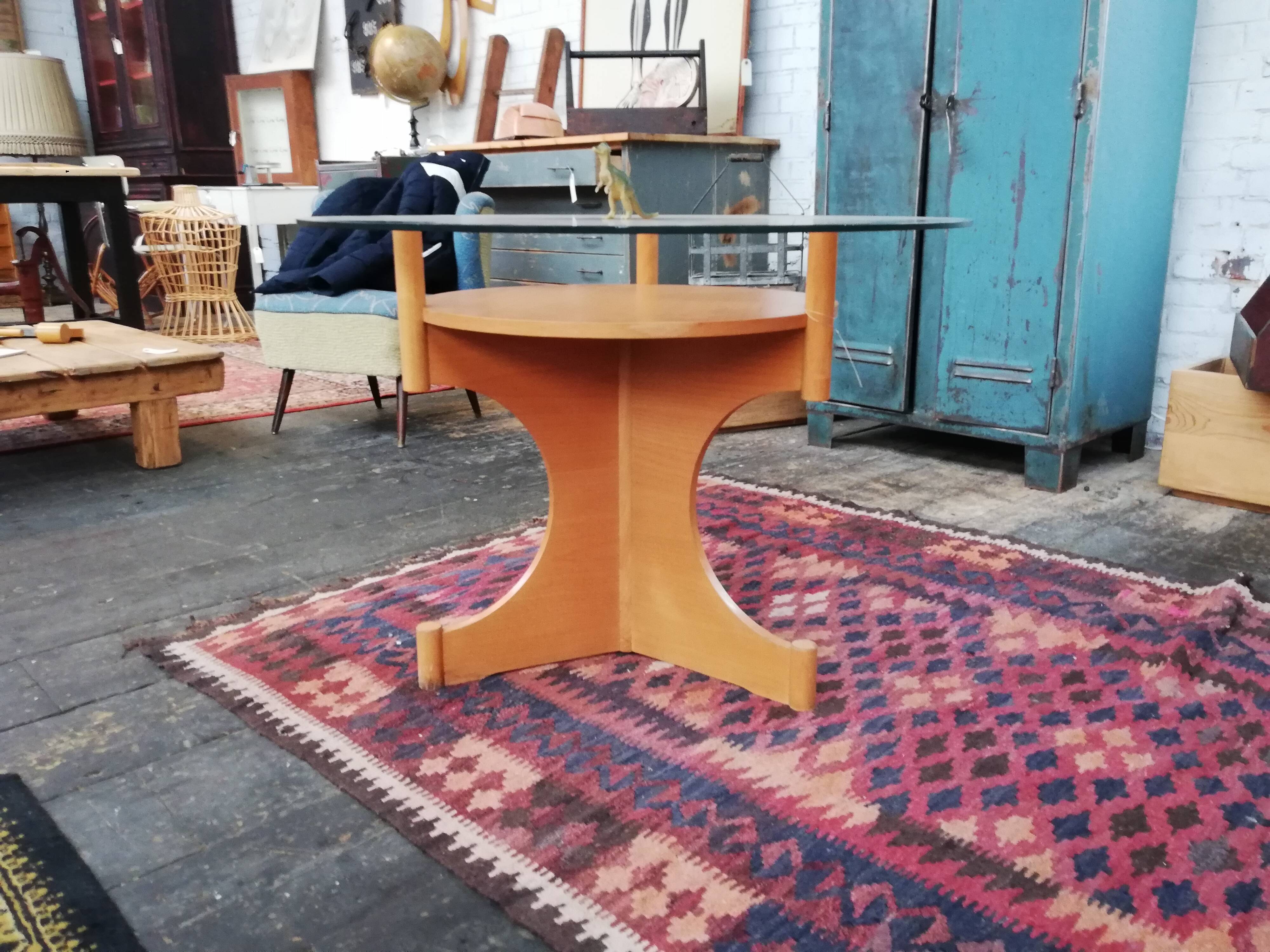 Vintage round wooden table and glass top, Czech, 1960, central leg