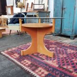 Table ronde vintage en bois et plateau verre, tchèque, 1960, pied central