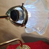 bronze art nouveau tulip lamp with translucent blue lace glass 39x25 cm