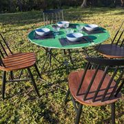 Table de jardin ronde ancienne pliante métal patine verte