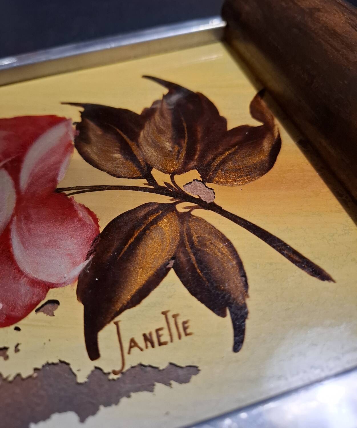 Plateau Art Déco peinture sur verre et bois