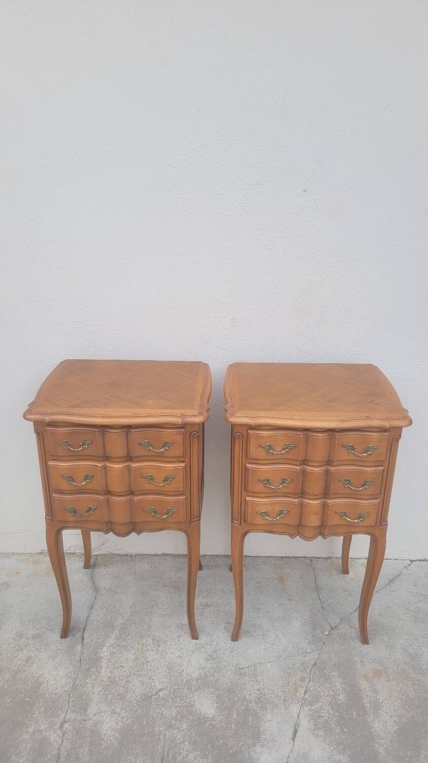 Pair of Louis xv style bedside tables in cherry wood, 3 drawers