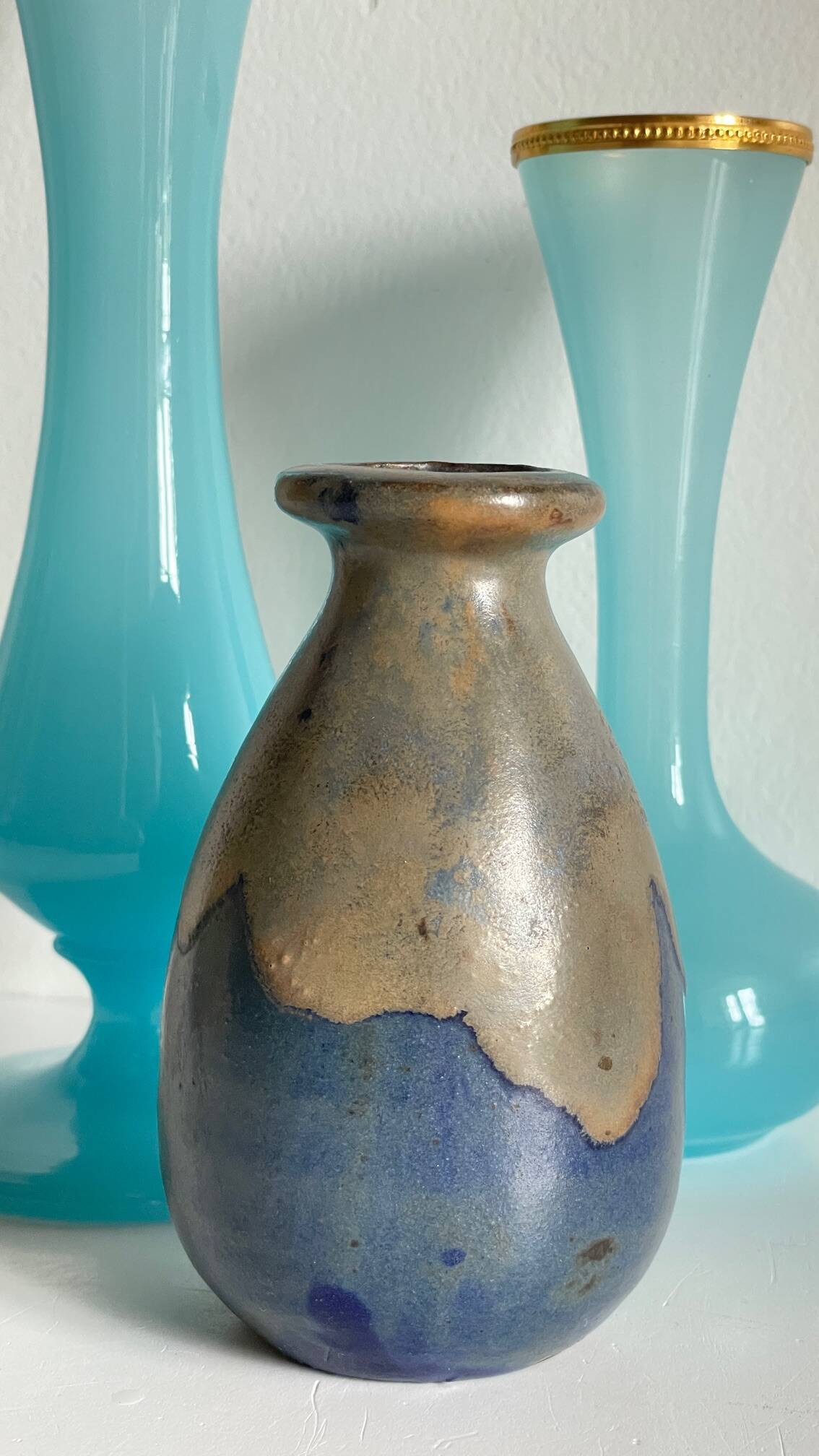 3 VASES Bleu Océan Grès et Verre OPALIN Vintage