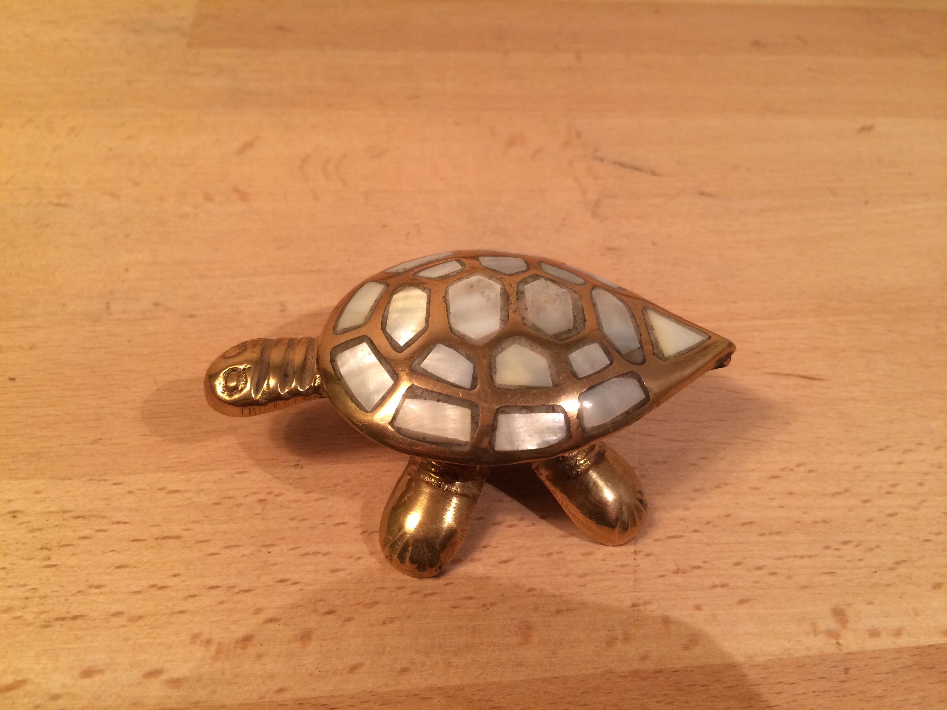 Brass and mother-of-pearl turtle jewelry box