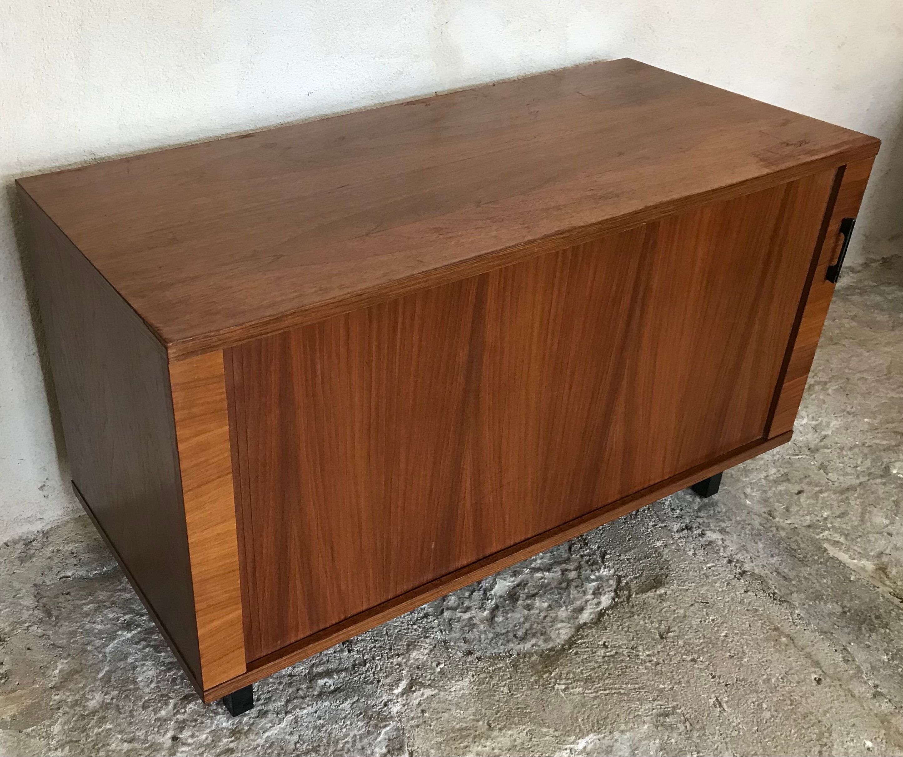 Vintage storage cabinet box on feet with sliding curtain
