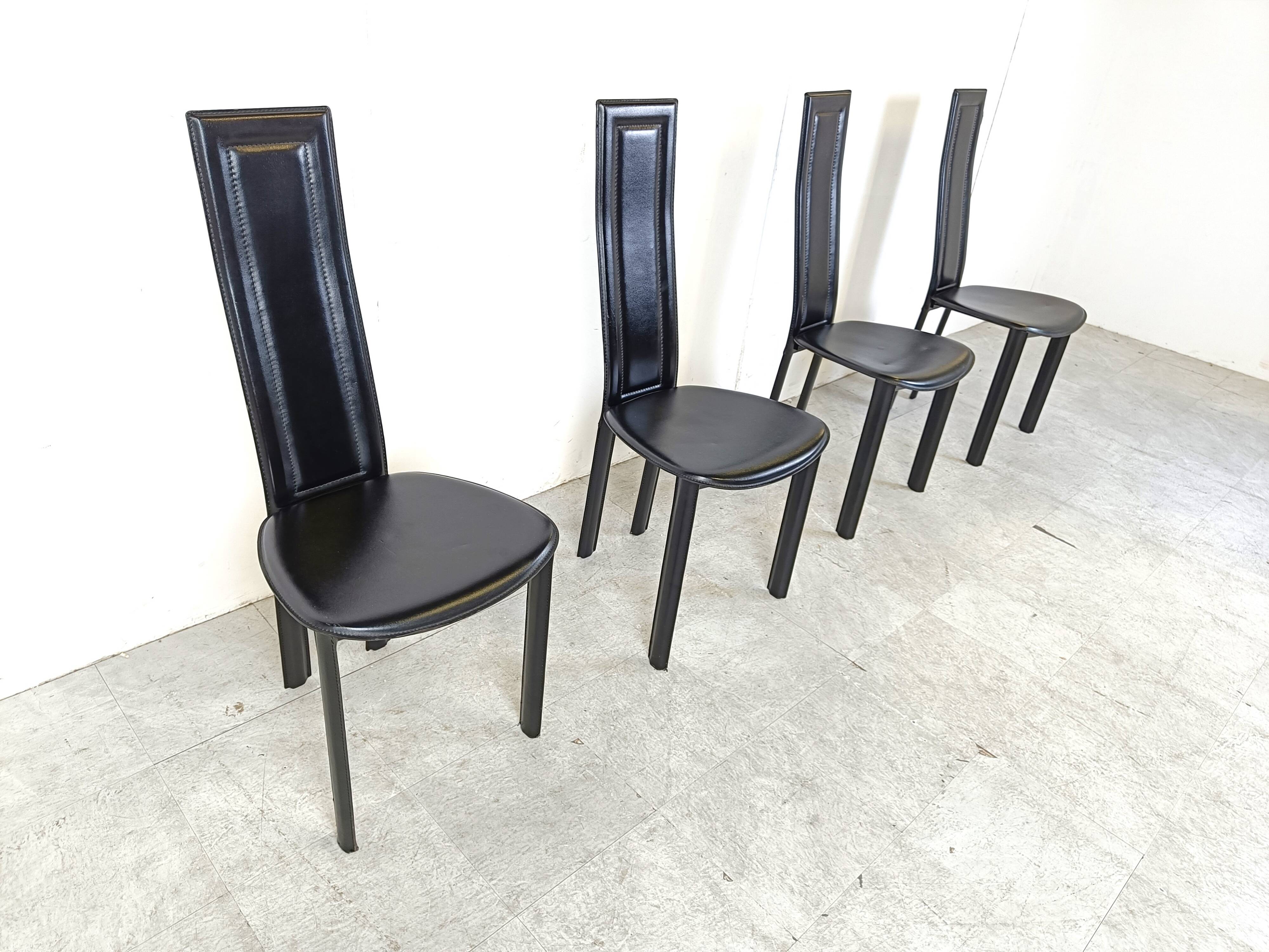 Vintage black leather dining chairs, set of 4, 1980s