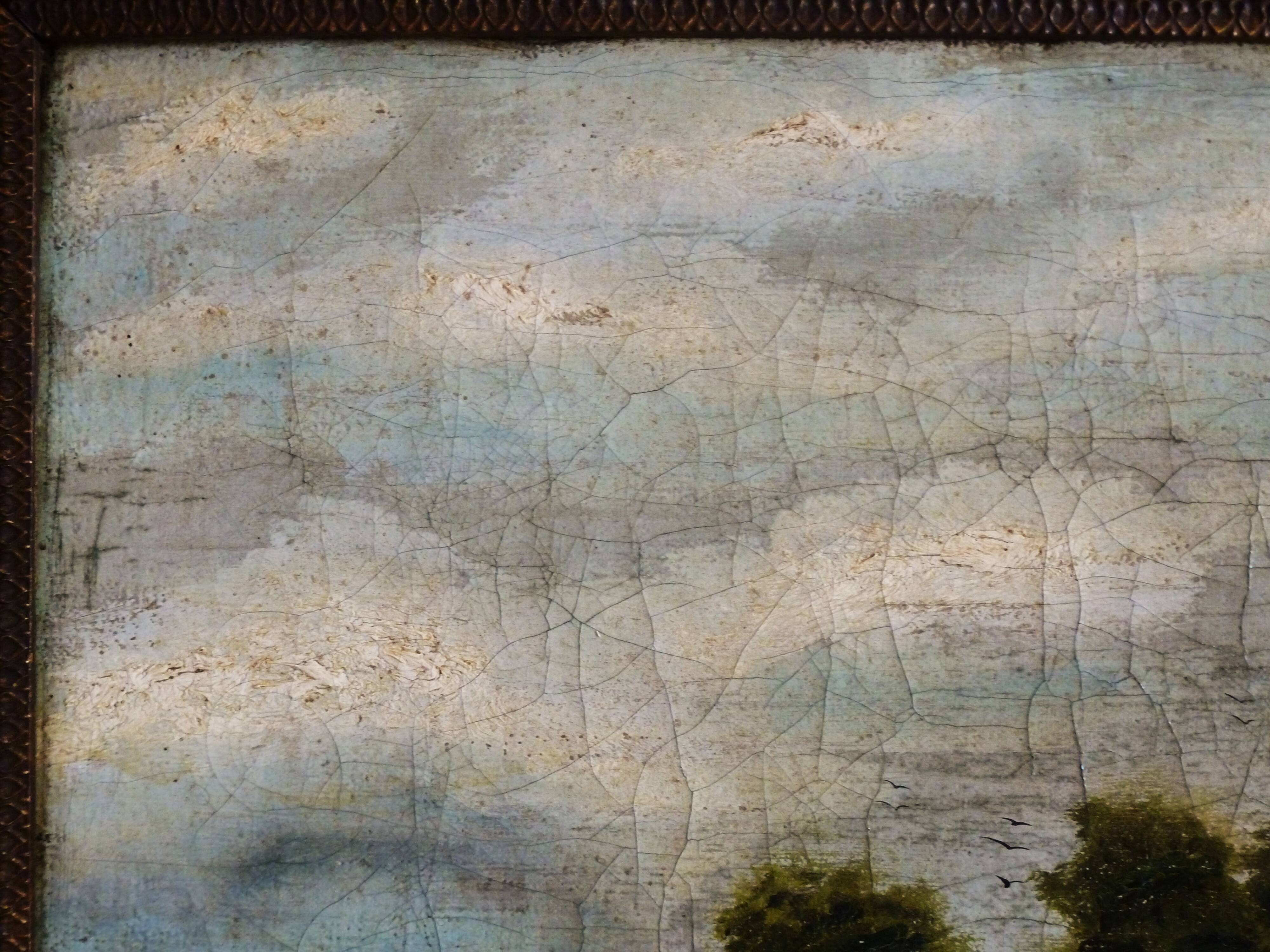 Antique oil painting, vintage bucolic countryside painting.