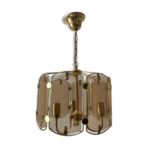 suspension en verre fumé et métal doré années 70
