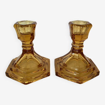 Pair of yellow molded glass candlesticks