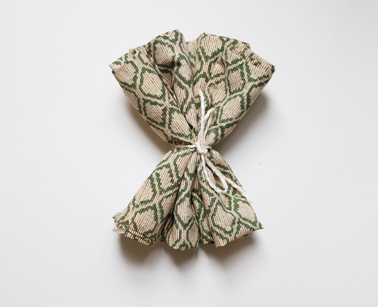 Set of 4 block-print towels with green stripes