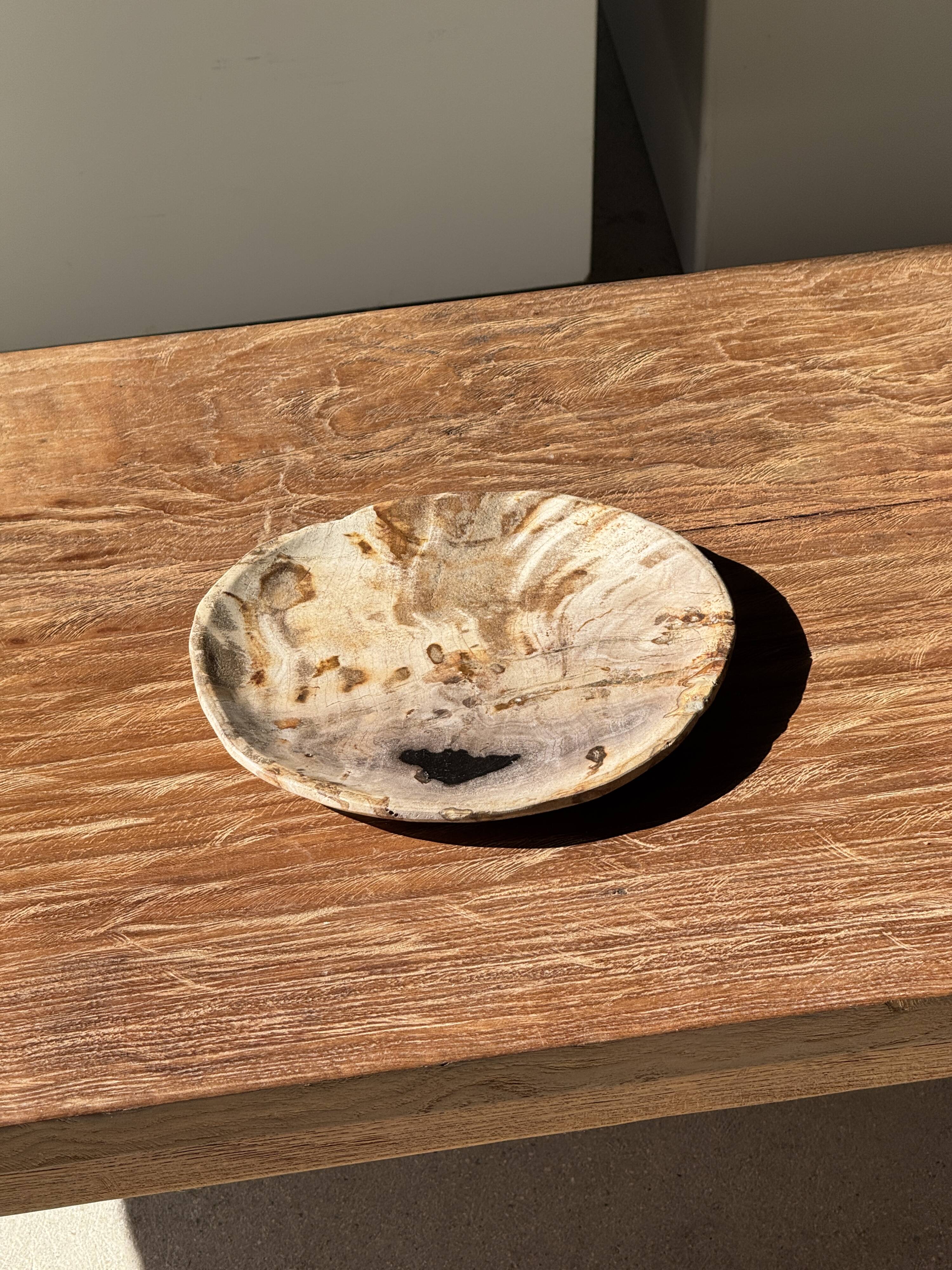 Petit vide poche ou plat en bois pétrifié beige tache noire D20x17 -3316