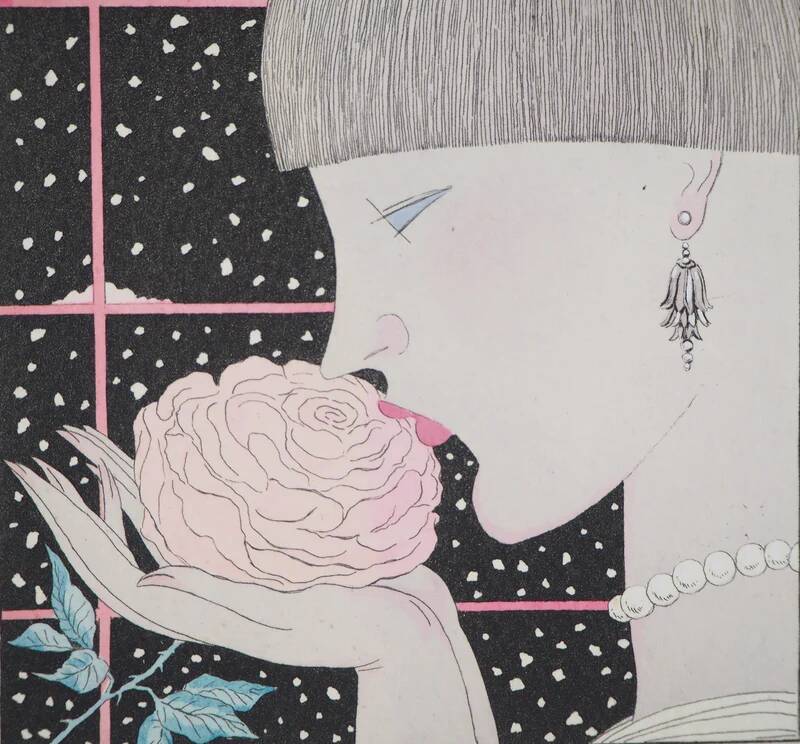 Georges Lepape: Art Deco, young woman with a rose, original signed engraving