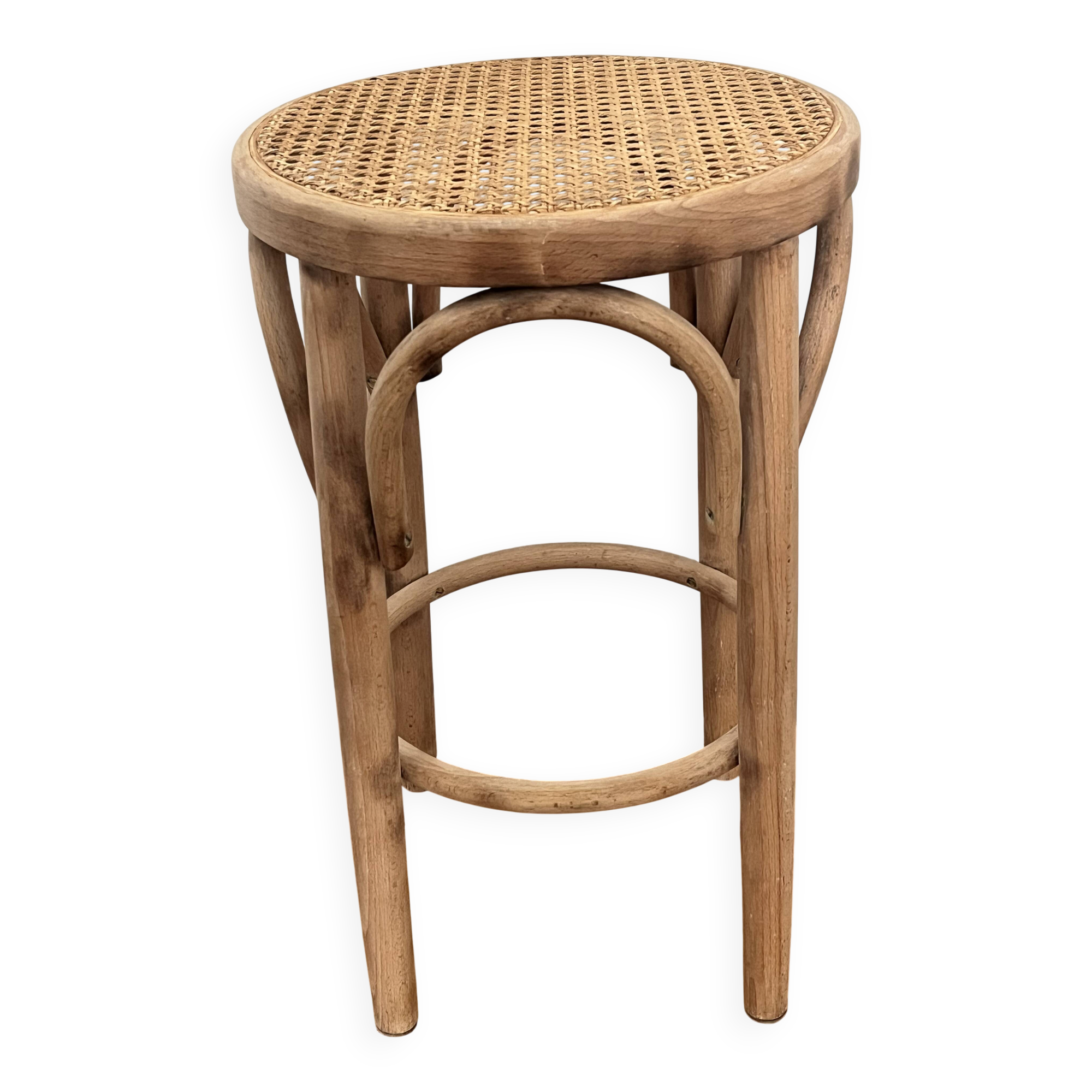 High stool, curved wood and caning