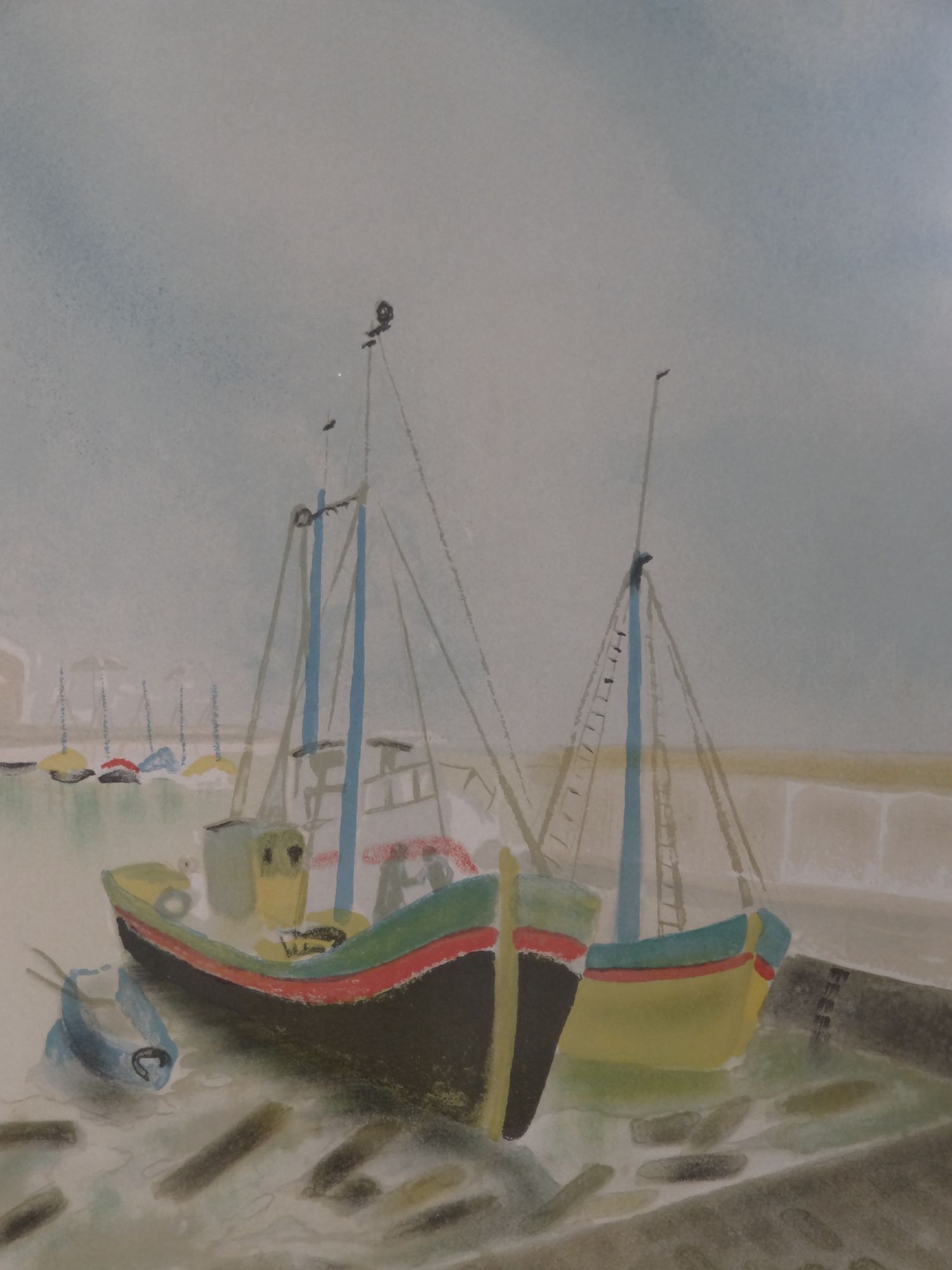 Lithograph sailboats in port 57 x 79 cm