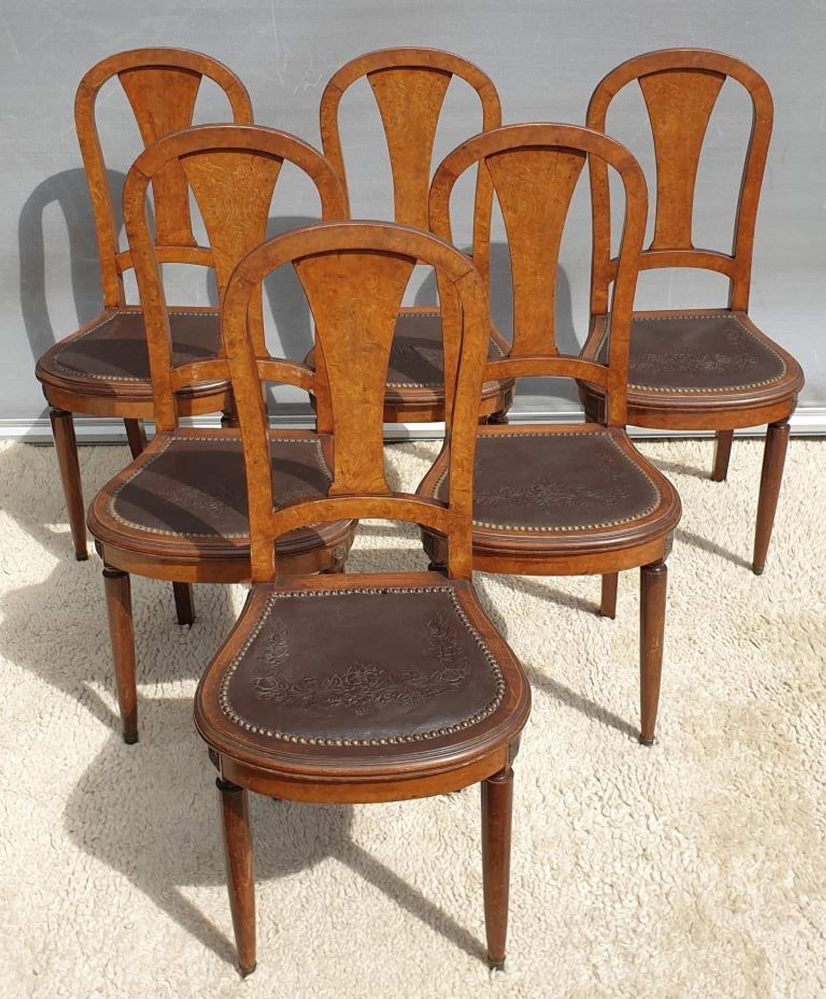 Lot 6 Art Deco chairs in Walnut style Louis XVI seat leather decorated with roses