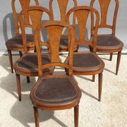 Lot 6 Art Deco chairs in Walnut style Louis XVI seat leather decorated with roses